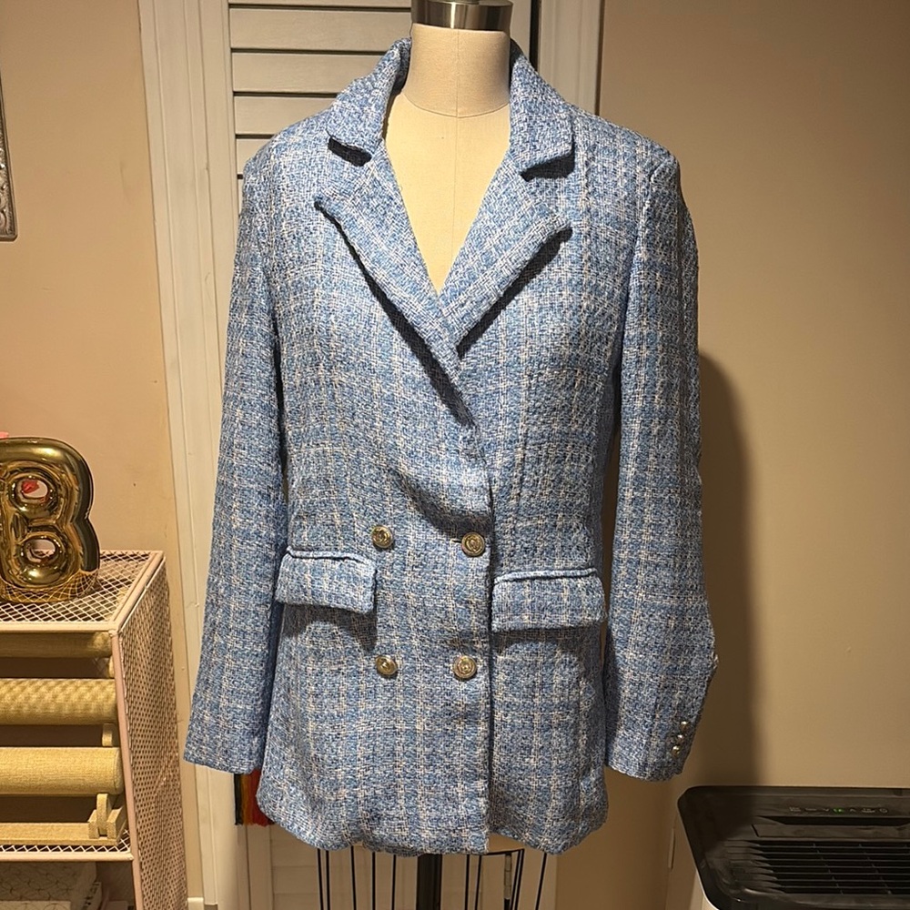 Women's Blue Tweed Double-Breasted Blazer